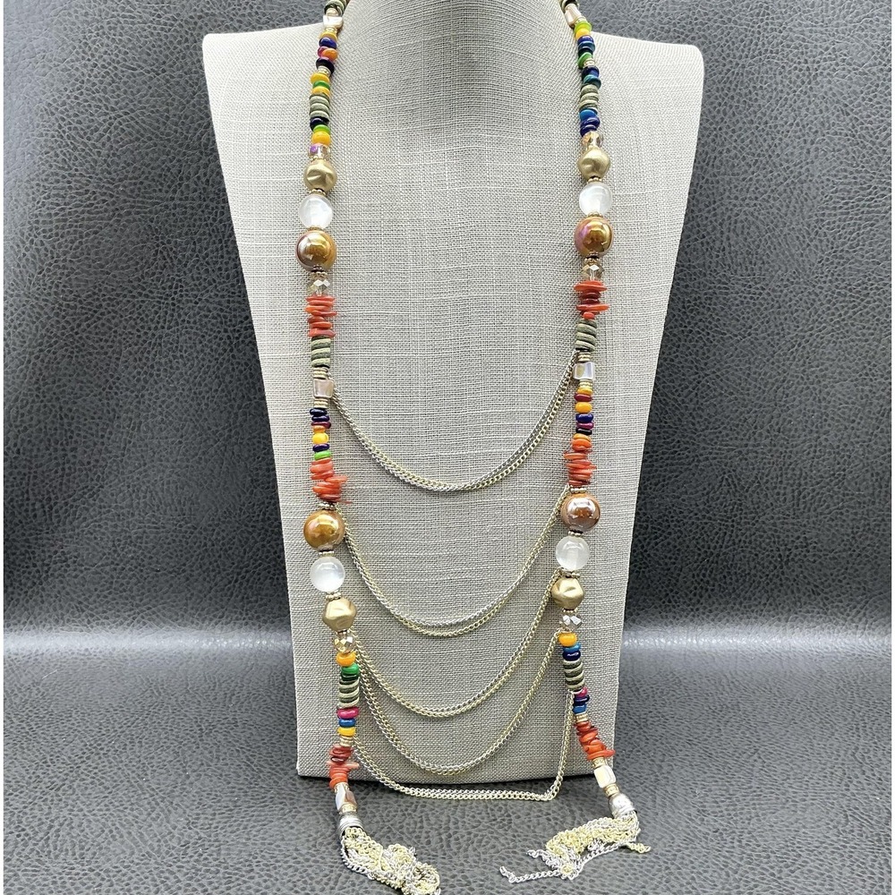 Jessica Simpson Necklace Multi Strand Bead Women Gold Tone Chain Colorful Boho